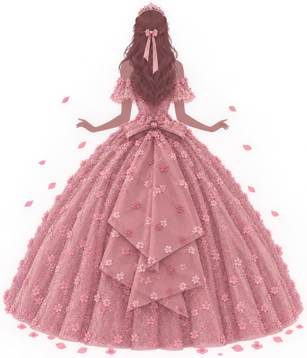 Ilustración de Miranda de espaldas con su vestido rosa de flores y moño