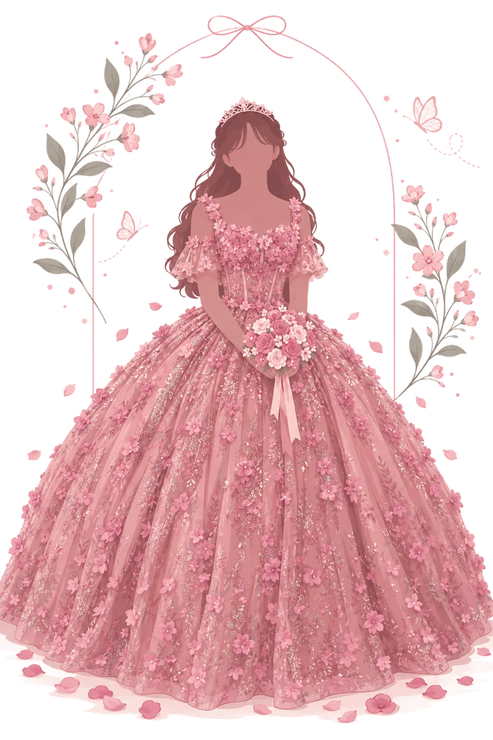 Ilustración de Miranda con vestido rosa de gala bordado en flores, tiara y ramo de rosas bajo un arco de flores